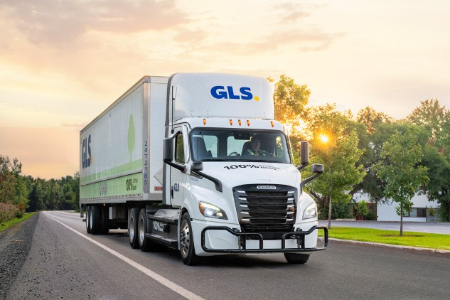 GLS Electric Truck in Laval at sunrise.