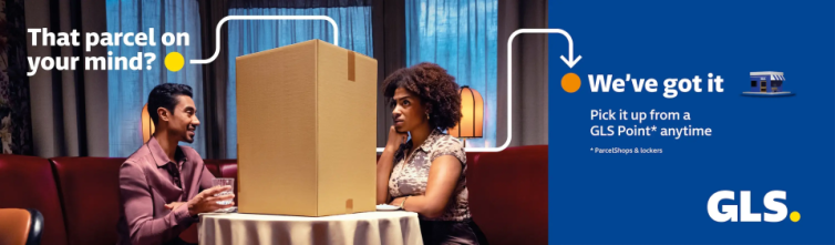 GLS advertisement showing two people in a restaurant separated by a large parcel. Text reads: “Is this parcel on your mind? We’ll take care of it.” Highlighting GLS Points delivery ahead of Tech For Retail 2025.